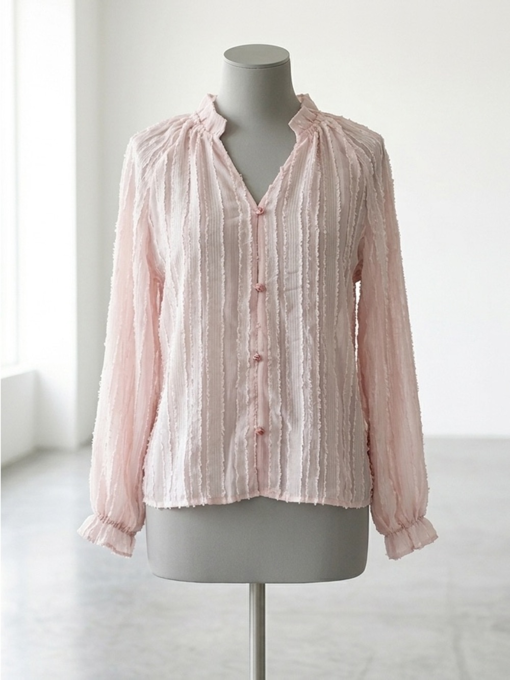 Soft Pink Ruffle-Trim Button Front Blouse - Women's Top